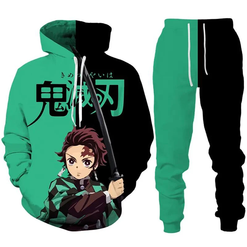 Survêtement Enfant Demon Slayer 2 Pièces - Hoodie + Pantalon, Imprimé Tanjirou/Nezuko, Coton, Taille 100-170 - Idéal Cosplay, Déguisement, Quotidien