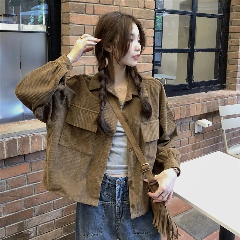 Korean Autumn Retro Corduroy Jackets Women Single-breasted Solid Color Loose Long Sleeve Office Lady Casual Short Coats Female