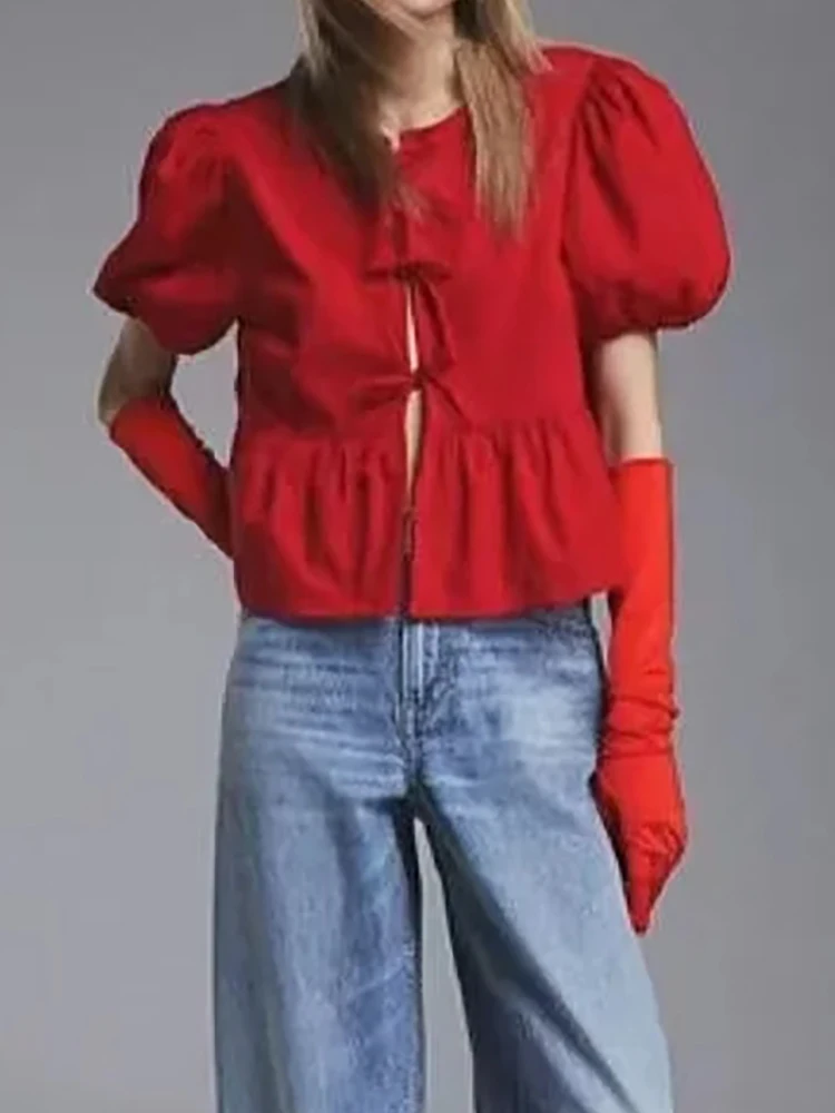 

Женская винтажная блузка на шнуровке, красная повседневная короткая плиссированная блузка с коротким рукавом-фонариком и круглым вырезом, весна-лето 2024