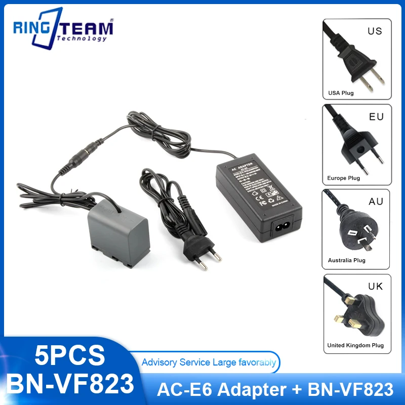 

5PCS JVC-VF823 DC Coupler BN-VF823 VF823 Dummy Battery + AC-E6 ACE6 AC E6 Power Adapter for JVC GR-D850 750 DA30 HD40 HD30 HD10