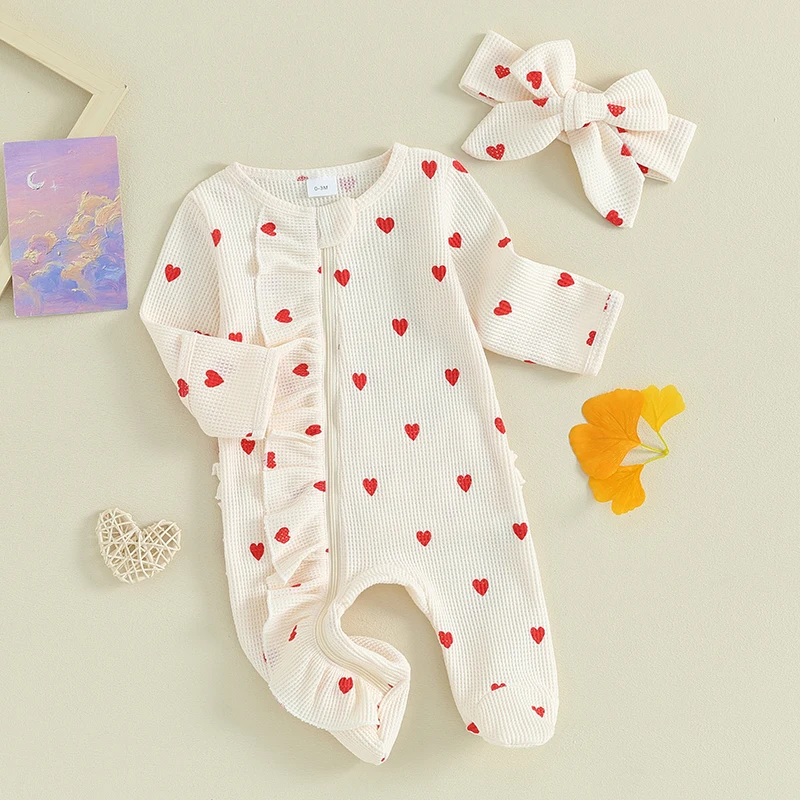 Baby Girls Valentine Day Jumpsuit Long Sleeve Crew Neck Heart Print Ruffle Zipper Romper with Headband