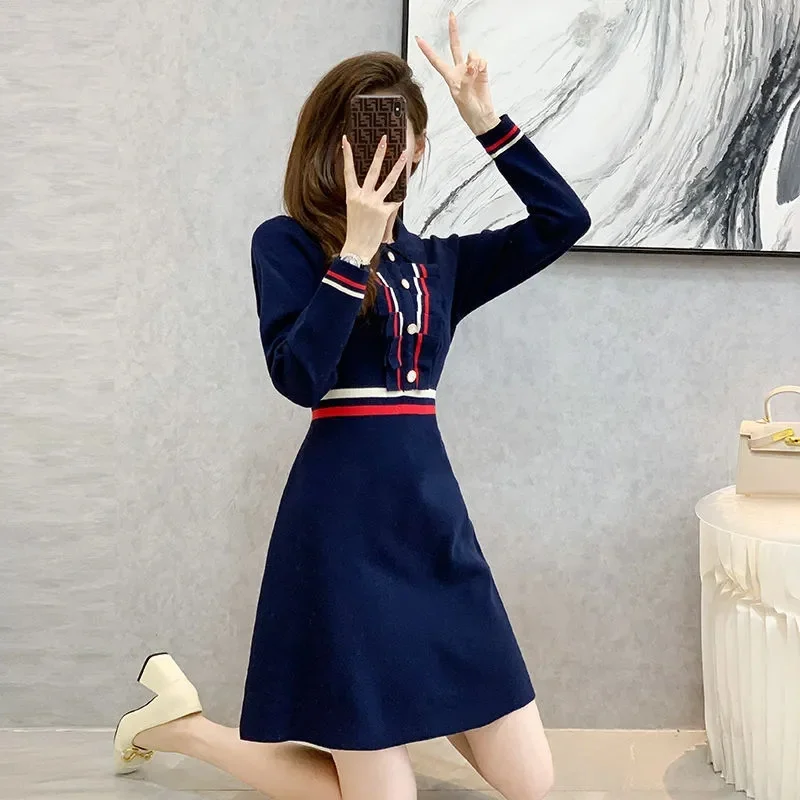 2025 New Women's Light Wind Temperament Popular Splicing Knit Sweater Female Autumn Medium Length Style Slim Dress jumper Women