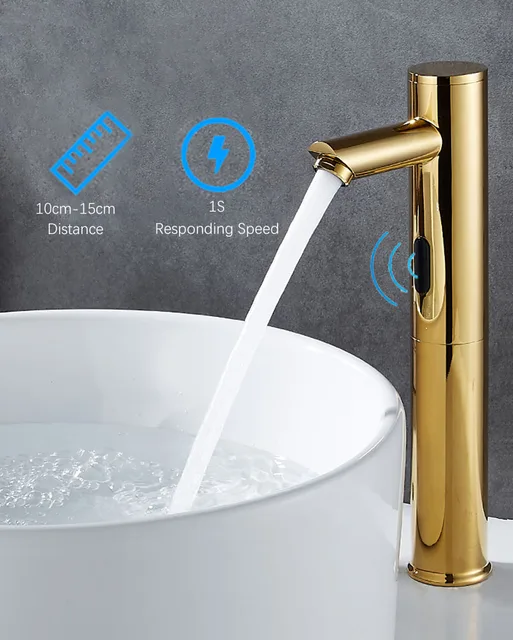Grifo De Lavabo Con Sensor Infrarrojo - Sin Contacto, Acero Inoxidable Dorado