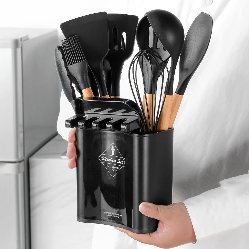 Ensemble d'ustensiles de cuisine en Silicone noir, spatule antiadhésive,  manche en bois, avec boîte de rangement, accessoires - AliExpress