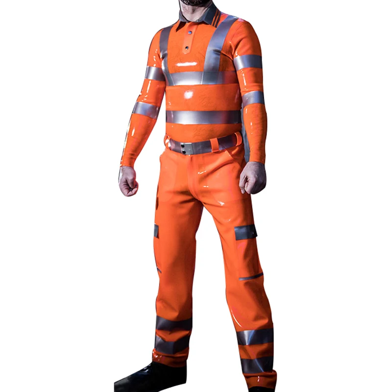 

Серебристые и оранжевые сексуальные латексные рубашки-поло, брюки-карго, резиновые Джинсы, Брюки