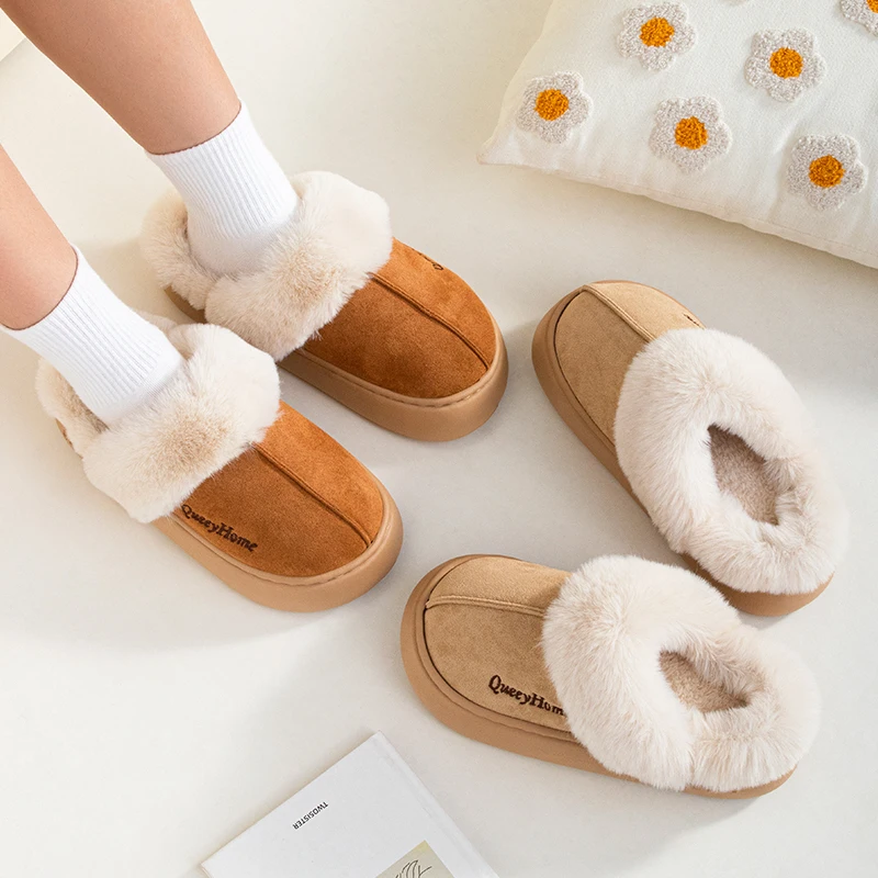 Queeyhome Winter Women Flat-Bottomed Plush Commute Solid Color Versatile Cotton Slippers Warm Cozy Indoor-Outdoor Man Shoes 5