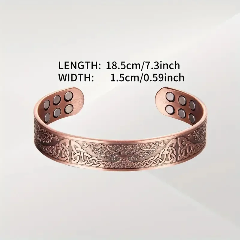 Pure Copper Cuff Bracelet Bangle Tree of Life Carving Design Magnetic Bracelets For Men With 3500 Gauss Magnets Adjustable Size 3