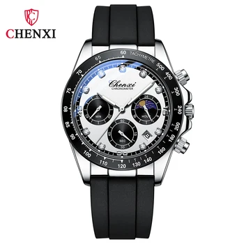 CHENXI Multi-functional Sports Silicone Strap Man Watch Moon Phase Waterproof Chronograph Business Casual Quartz Men's Watches