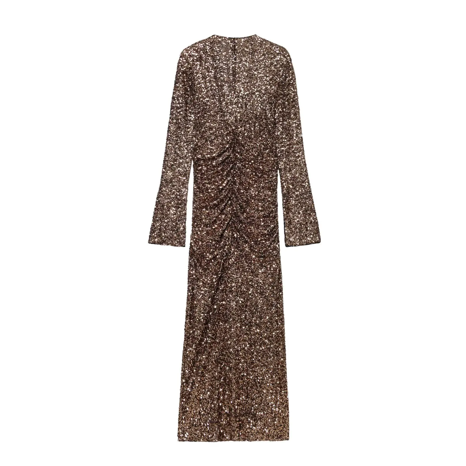 New Sequin Sexy Party Long Dress Women V-neck Long Sleeve Slim Pleated High Split Dresses 2025 Autumn Lady Evening Robe