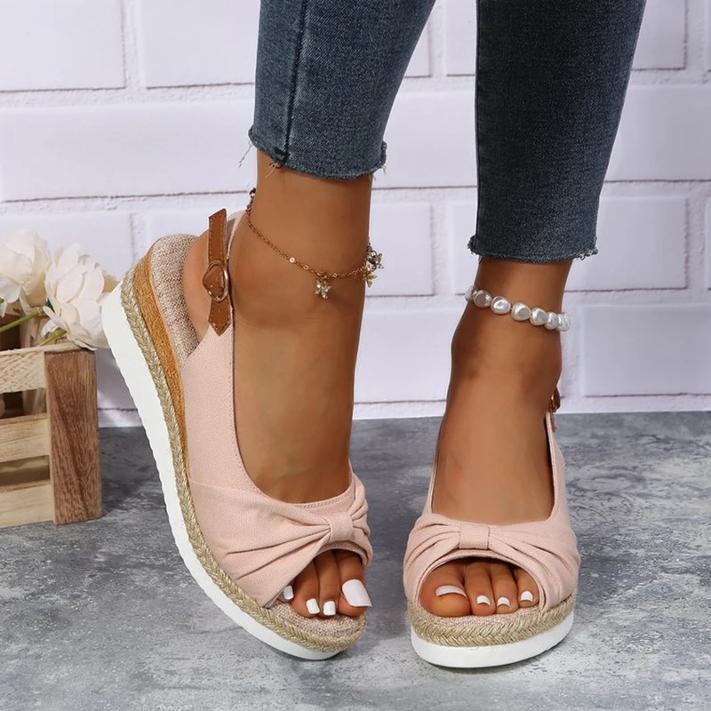 Women's Peep Toe Wedges Sandals Summer Non-slip Platform Gladiator Shoes Woman Flock Bowtie Sandalias De Mujer Plus Size 42