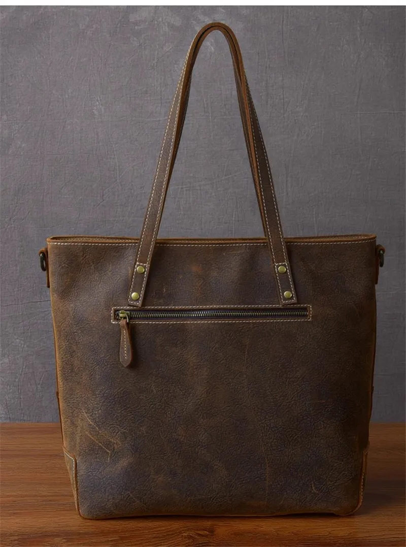 Fashion vintage crazy horse cowhide men's large tote bag business travel luxury genuine leather shoulder bag laptop handbag