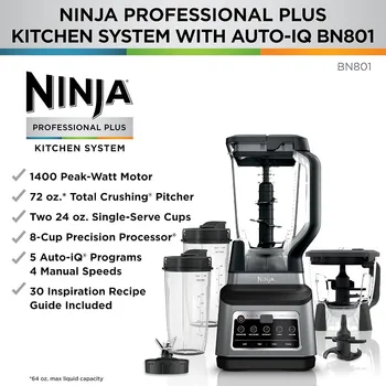 Ninja BN801 Professional Plus Kitchen System, 1400 WP, 5 Functions for Smoothies, Chopping, Dough & More with Auto IQ 72 64 24 2