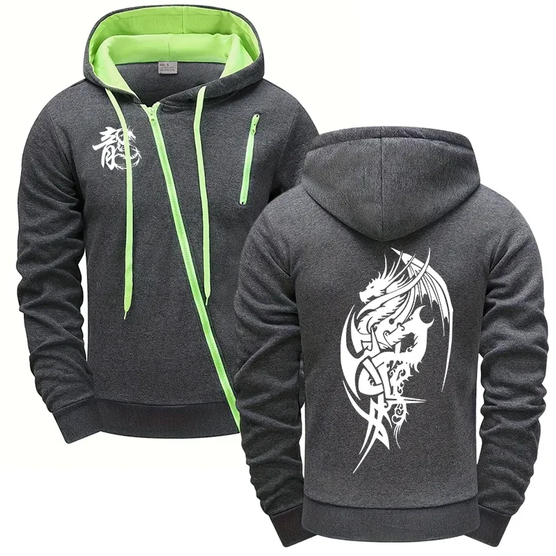 Men Dragon Printed Hoodie Jacket Casual Sports Riding Coat