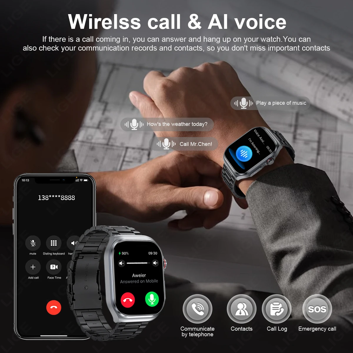 LIGE AMOLED Smart Watch ET585 Men ECG Blood Compositoin Health Monitoring Bluetooth Call Women Sports Fitness Tracker Smartwatch 5