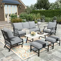 6 Piece Patio Furniture Set, 2 X Rocking Cushioned Chair, 2 X Cushioned Ottoman, 1 X 3-Seat Sofa with Marbling Coffee Table 1