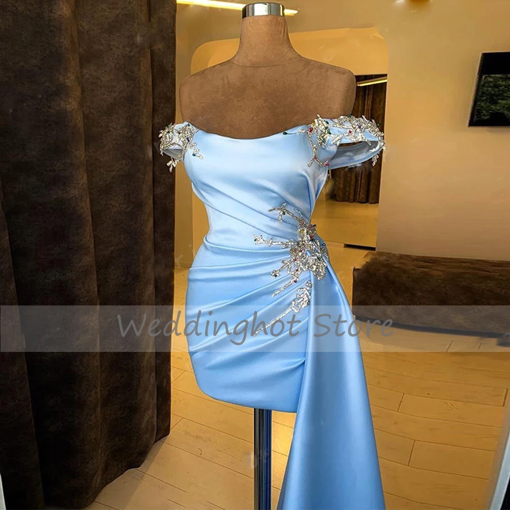 Women's Cocktail Dresses Off the Shoulder Satin Gown Mini Sheath/Column Crystal Draped Train Short Party Dress