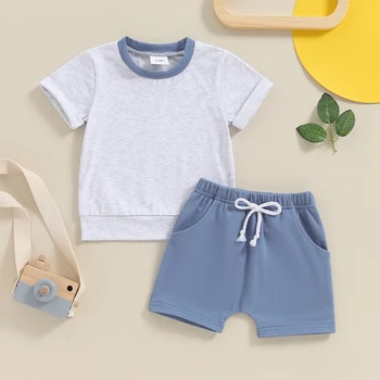 Lioraitiin Toddler Boys Summer Outfits Patchwork Round Neck Short Sleeve T-Shirts Tops Elastic Waist Shorts 2Pcs Clothes Set 4