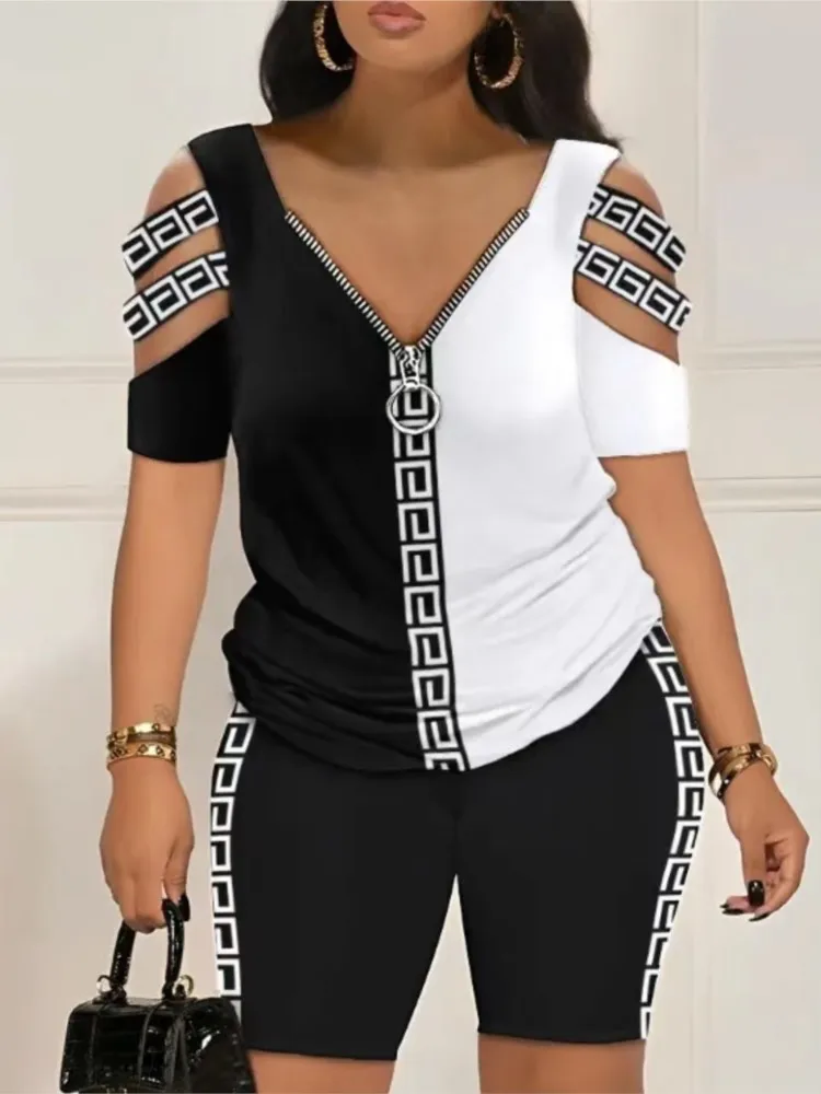Woman Outfit Summer Casual Fashion Sexy Hollow Out T Shirt And Shorts 2 Piece Sets Print T Shirts Two Piece Set For Women New