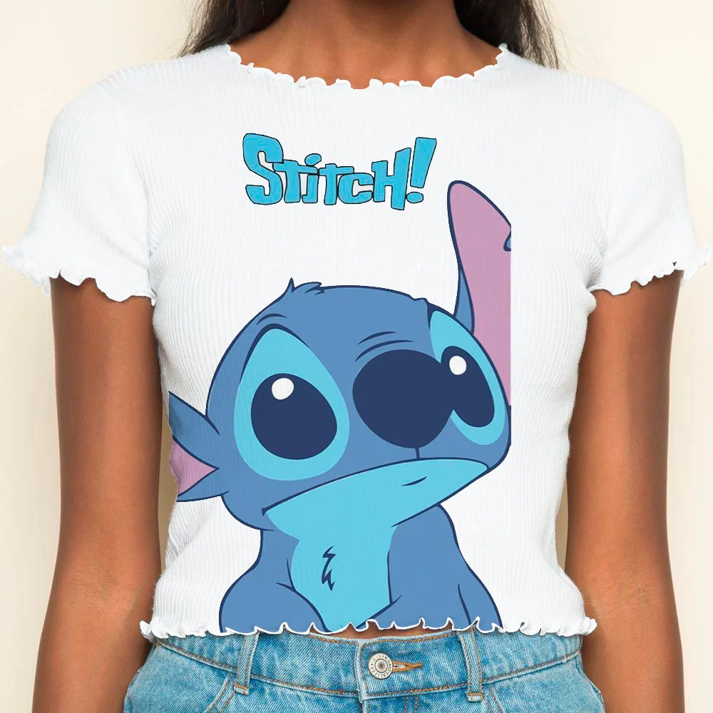 

T-shirts Summer Clothes Women 2024 T-shirt Crop Tops Sexys Stitch Lettuce Trim Disney Short Sleeve Woman Clothing Y2k Top Disney