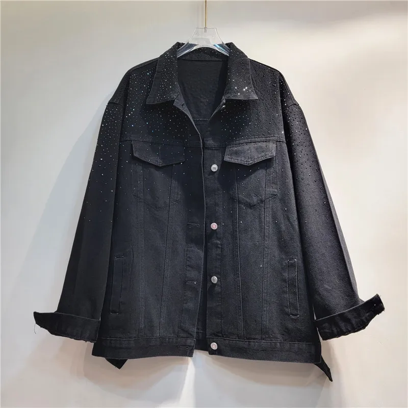 

Spring Autumn Women Casual Vintage Washed Black Short Jeans Jacket Fashion Diamond Lapel Long Sleeve Denim Jacket Female Coat
