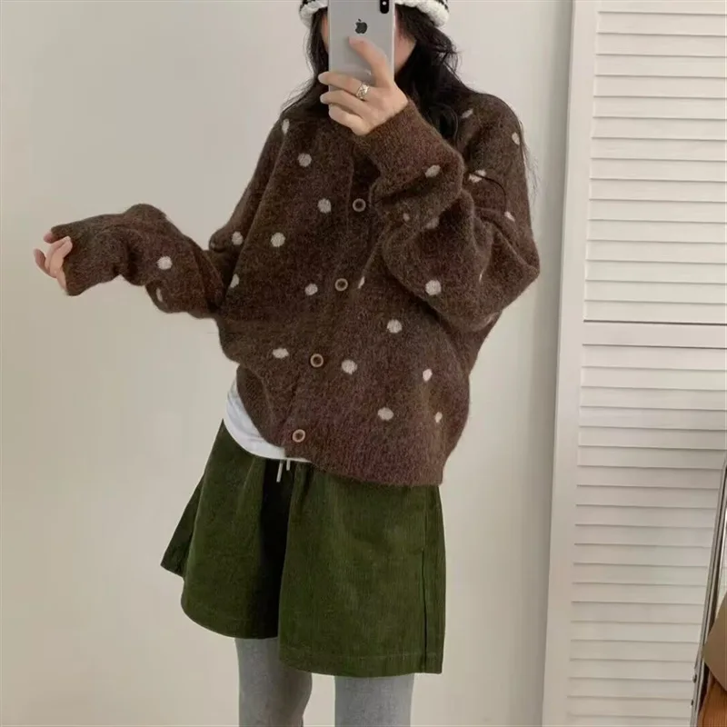 Small Dot Print Knitted Sweater Autumn Spring Long Sleeve Cardigan