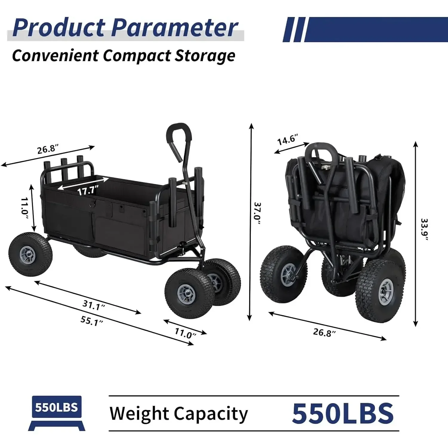 Fishing Cart Beach Cart Collapsible Wagon w/11''All-Terrain Wheels for Sand, Heavy Duty Garden with Rod Holders 550lb Large