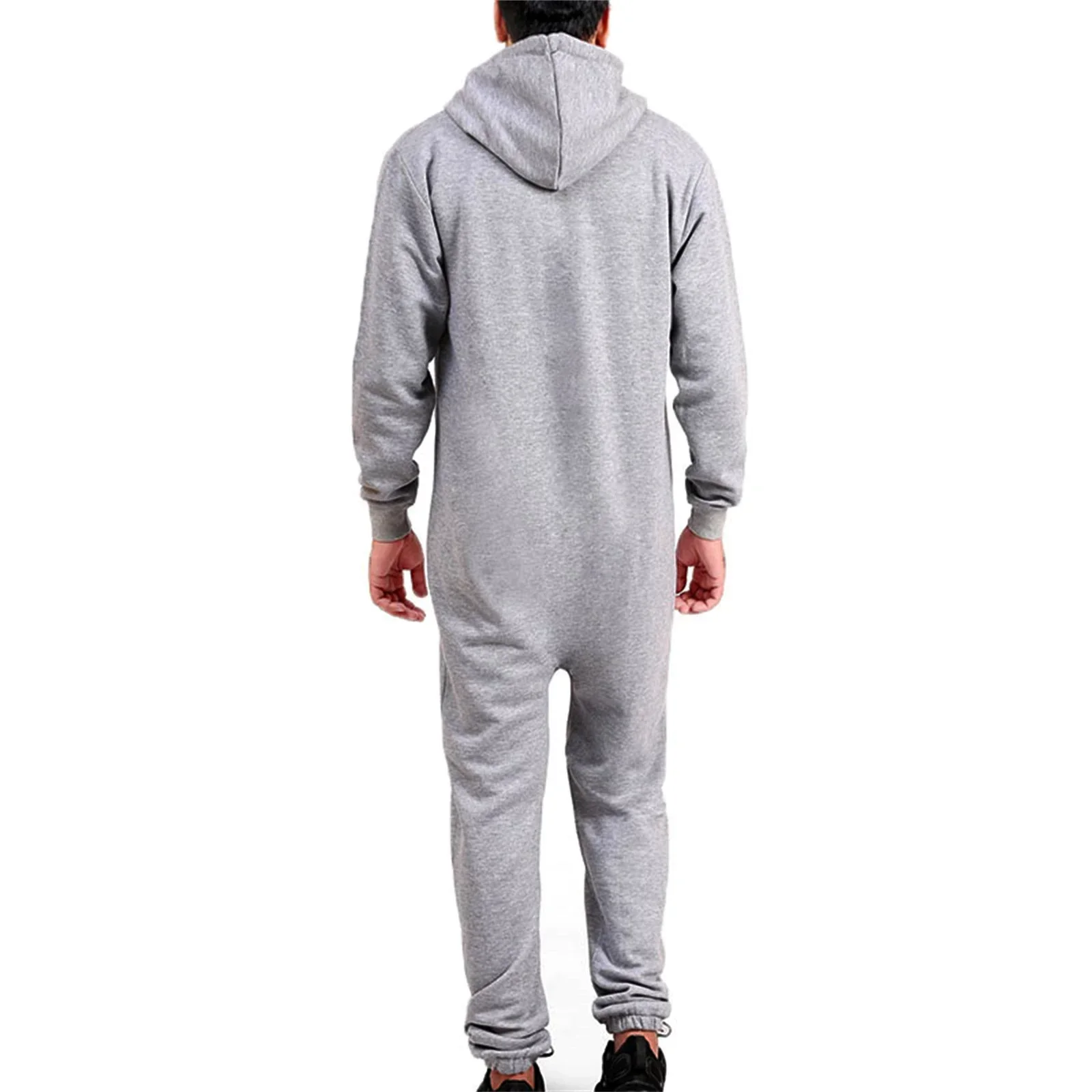 Men Hooded Jumpsuit Long Sleeve Zip-up Pajamas Sleepwear Loungewear with Pockets