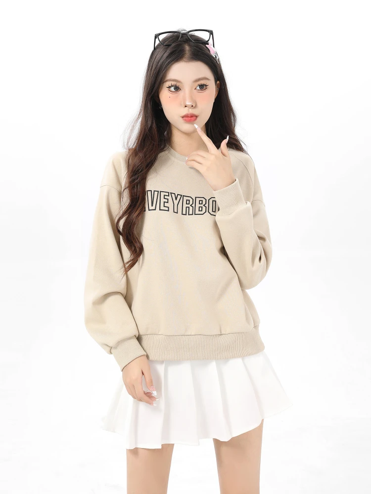 sweater-coat-women's-cotton-pullover-khaki-american-retro-hooded-spring-and-autumn-thin-round-neck-letter-print-loose-casual-top