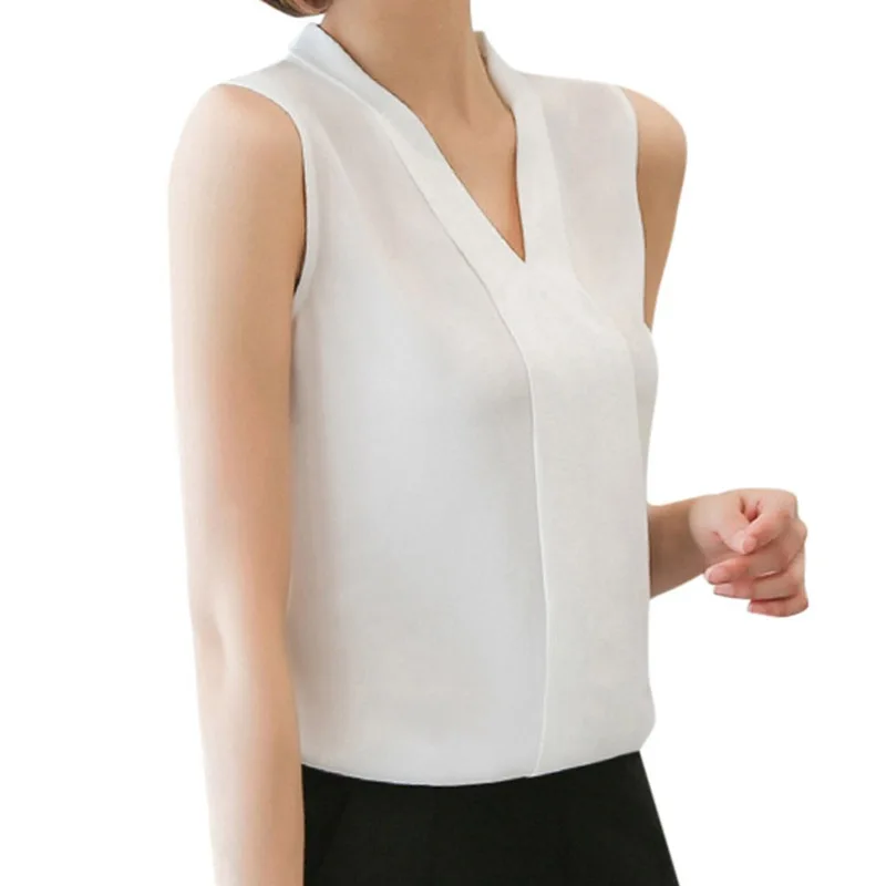 

Women's Blouses Summer Chiffon V Neck Office Black Women Tunic Elegant Shirts Vest Woman Tops