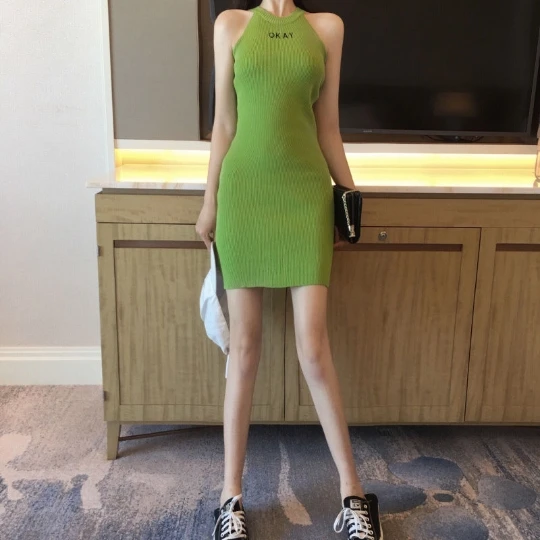 

Green 2022 O-Neck Tight Brace Short-Sleeve Knitting Knit Camisole Dresses Summer Dress Suspenders Cloth Women Lady Falda Vestido