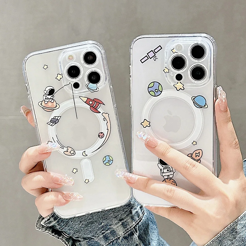 

For iPhone 15 Pro Max Magsafe Wireless Charge Case For iPhone 14 13 12 11 Pro Max 14 15 Plus Soft Silicone Astronaut Clear Cover