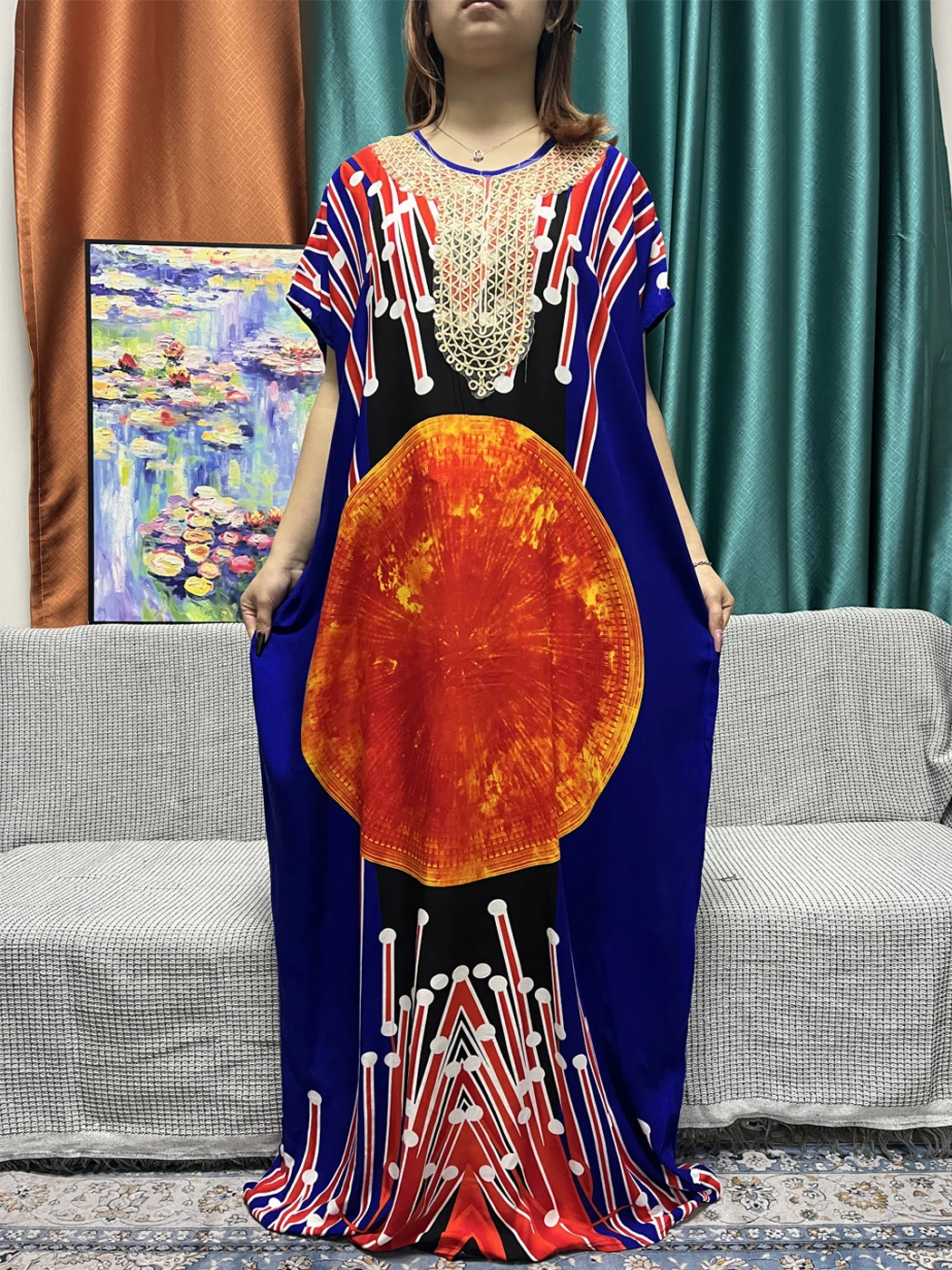 Muslim Abayas For Women Printed Appliques Cotton Short Sleeves Loose Femme Robe Moroccan Caftan With 160x80cm Lace Shawl Scarf