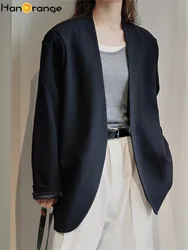 HanOrange 2023 Retro Fashion No Buckle Blazer Women Silhouette Loose Casual Jacket Black