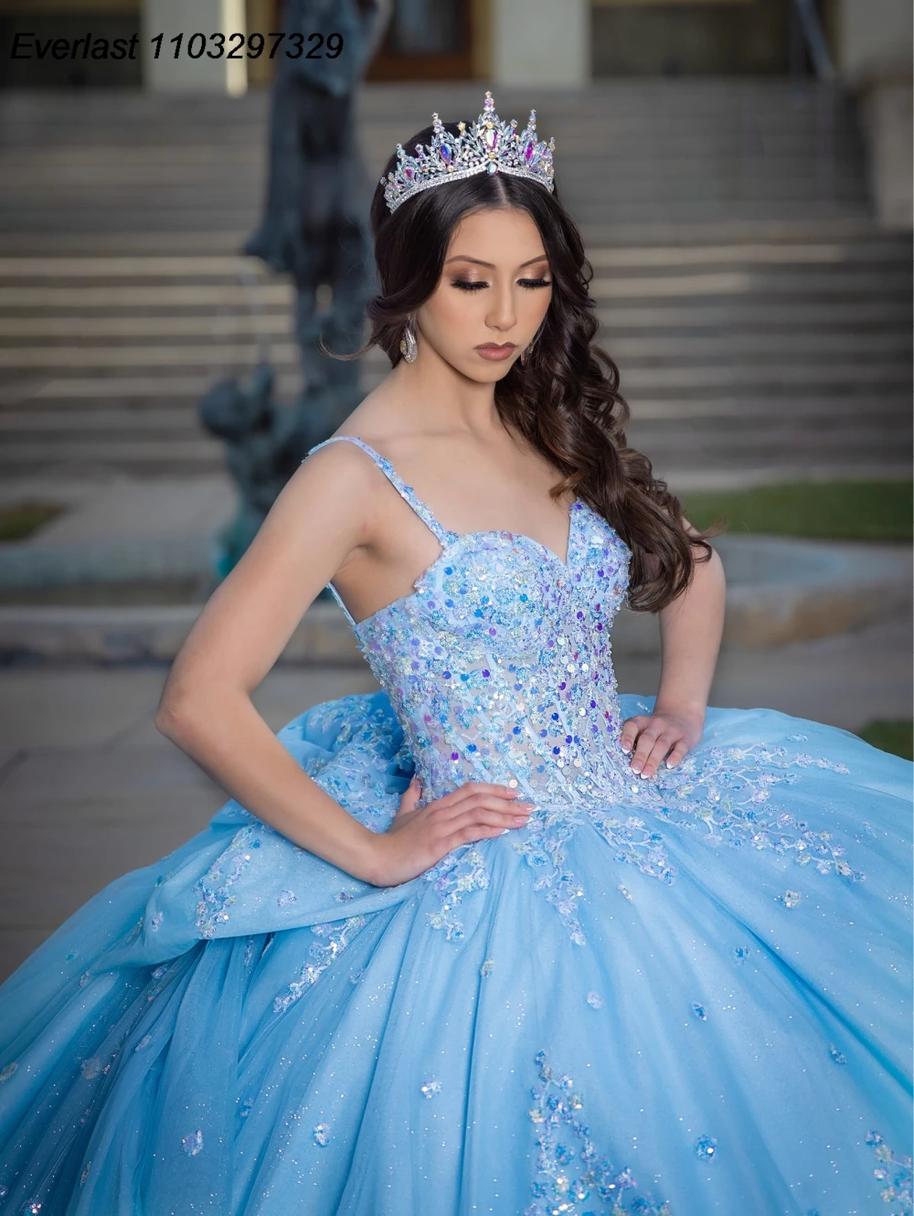 EVLAST Pink Quinceanera Dress Ball Gown Lace Applique Beaded Crystal Bow Sweet 16 Vestido De 15 Anos E1Q04