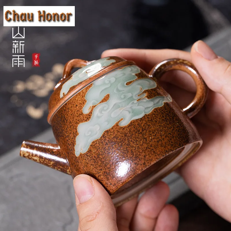 120ml Handmade Wood-fired Celadon Teapot Retro Tea Infuser Qin Quan Pot Tea Brewing Kettle With Strainer Chinese Tea Set Craft