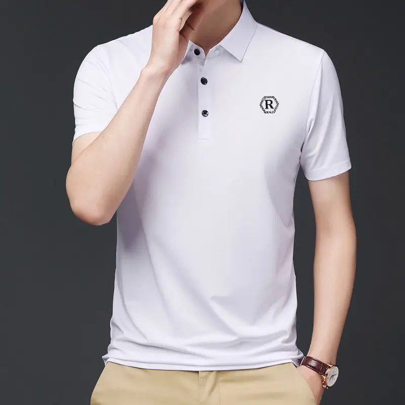 

Summer Polo Shirts for Men Turn-down Collar Short Sleeve Loose Solid Letter Printing Button Casual Tees Fashion Tops