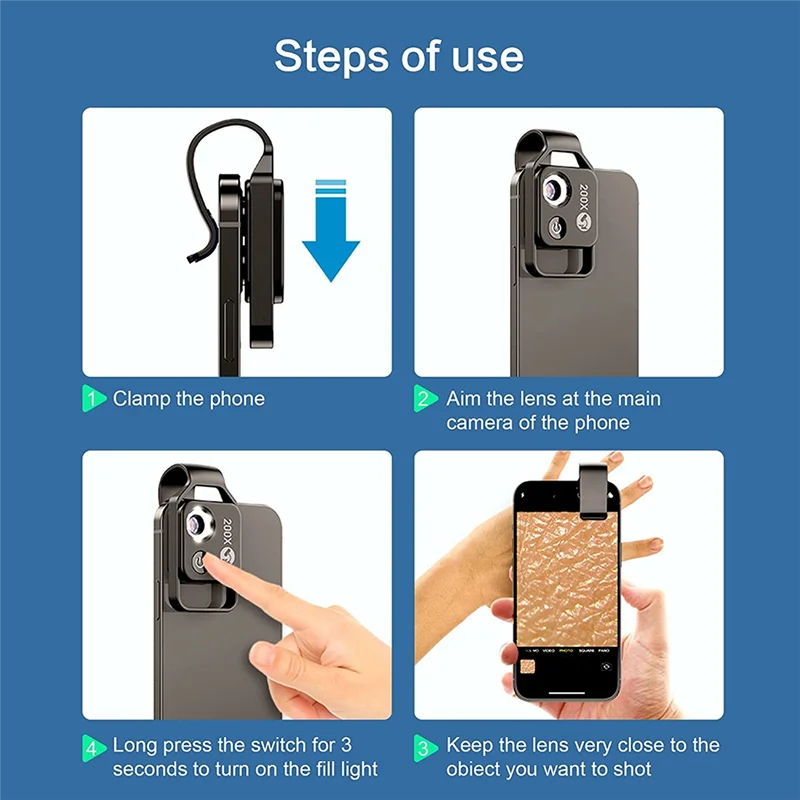 200X Cell Phone Microscope Accessory with CPL Lens Portable Mini Digital Microscope with LED Light/Universal Clip cell phone microscope