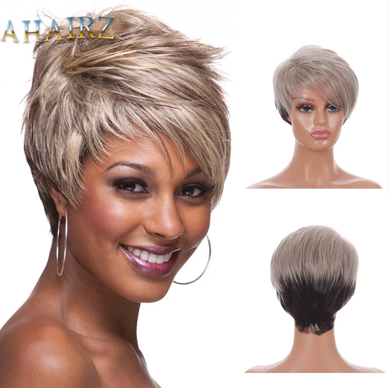 

Short Straight Ombre Blonde Wig with Bang for Women Synthetic Natural Hair Wig Dark Roots Heat Resistant Wigs