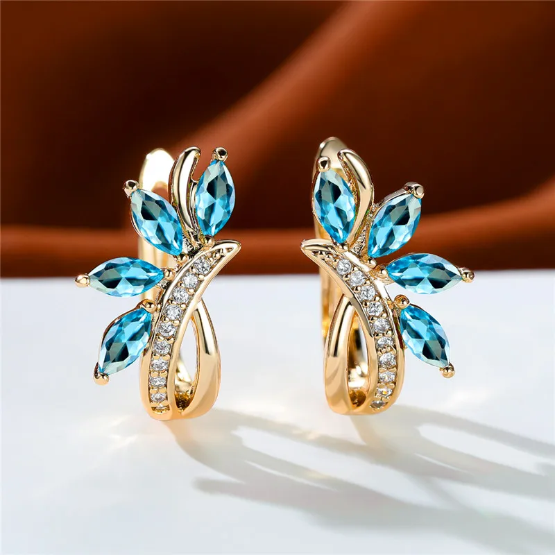 Cute Female Blue Green Stone Clip Earrings Charm Gold Color White Zircon Stone Wedding Jewelry For Women