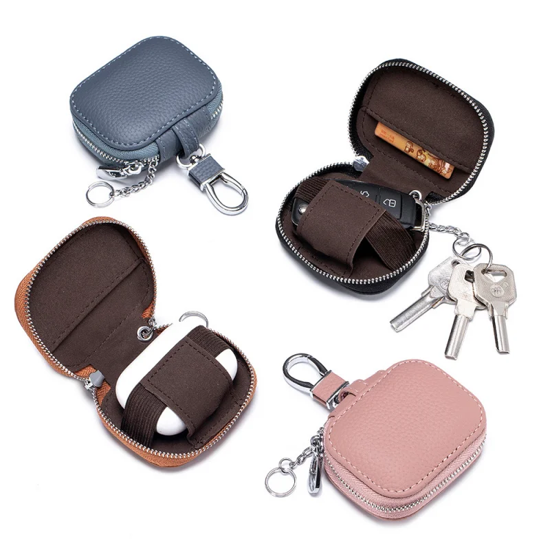 Compact universal genuine leather keybag with leather waist hanging, suitable for Apple Bluetooth earphone protective case