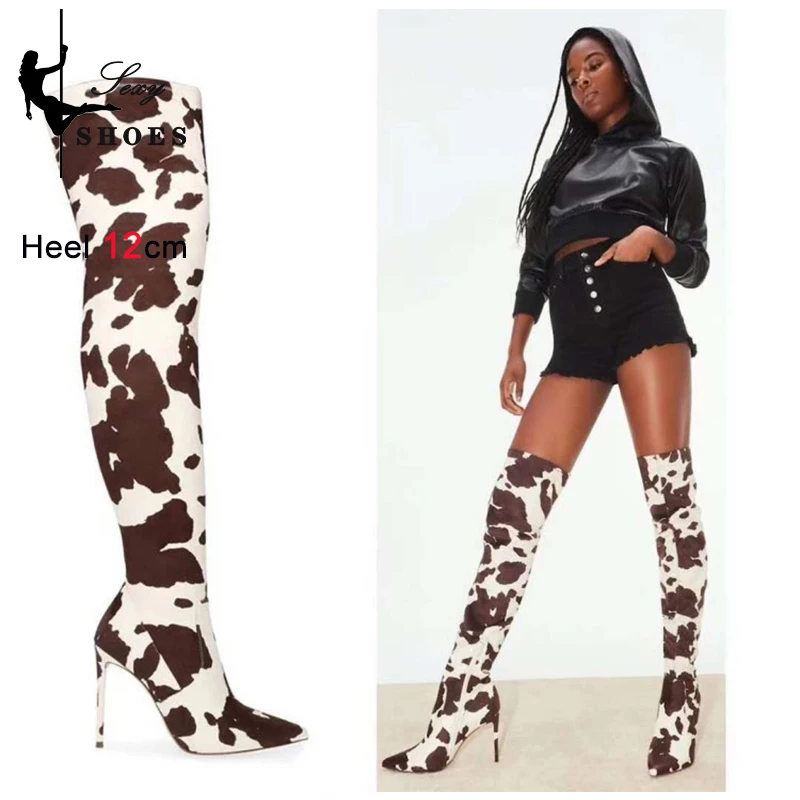 여성용 섹시한 하이 부츠, 무릎 위 T 쇼, 뾰족한 토 지퍼, 클럽 파티, 얇은 하이힐, 롱 부츠, 소 프린트 허벅지 부츠, 가을