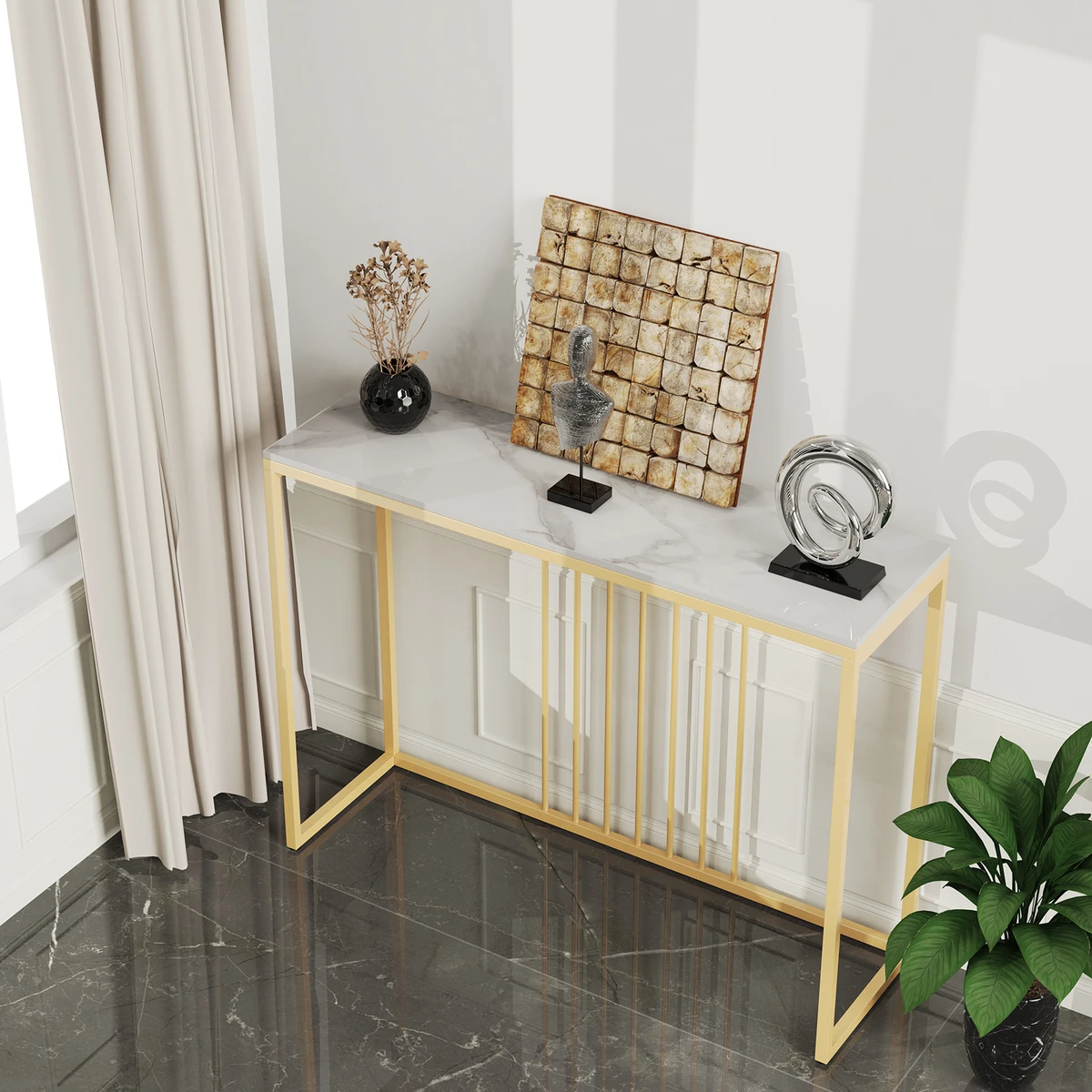 Modern Accent Console Marble Table Gold Metal Frame Storage Display Shelf Narrow Table for Hallway Entryway Living Room Entrance — view 4
