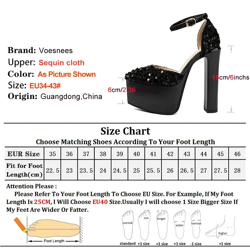 Sexy Ankle Strap Black Pointed Sandals For Women Platform Summer 15CM Shiny Sequin Party Dress Shoes Black Side Empty High Heels