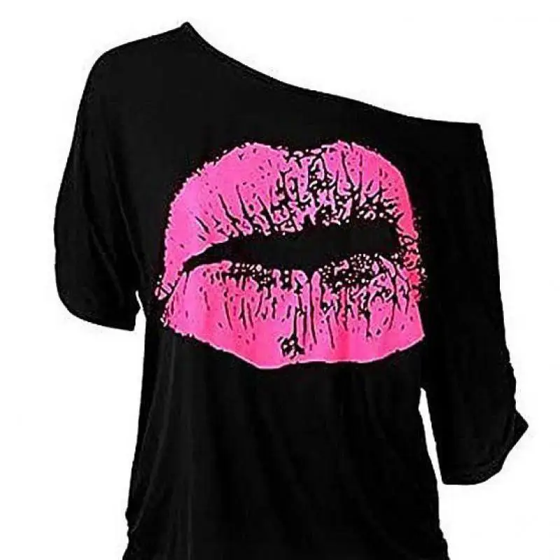

2023 European And American Lip Printed Short Sleeve T-shirt Women Off-the-shoulder Irregular Sleeve Long Fashion Slim Top Summer