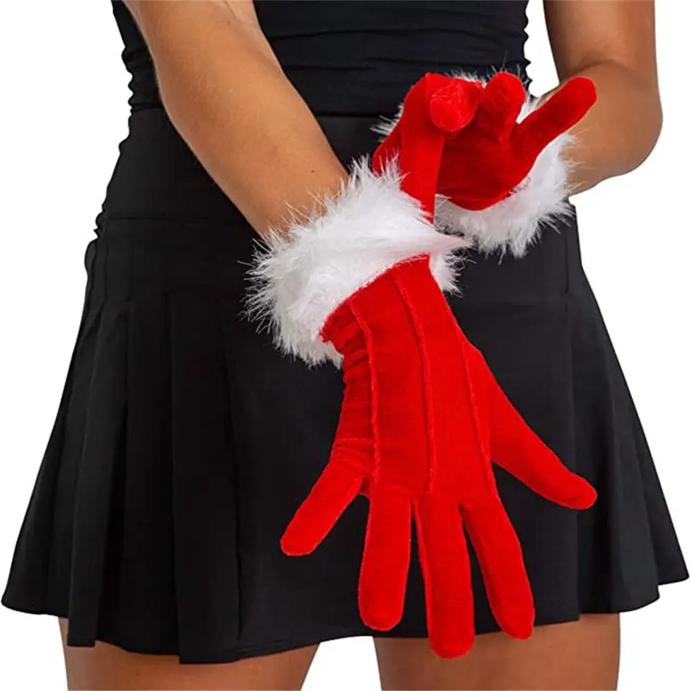 

Fashion Soft Short Christmas Red Gloves Holiday Mitten With White Furry Velvet Gloves