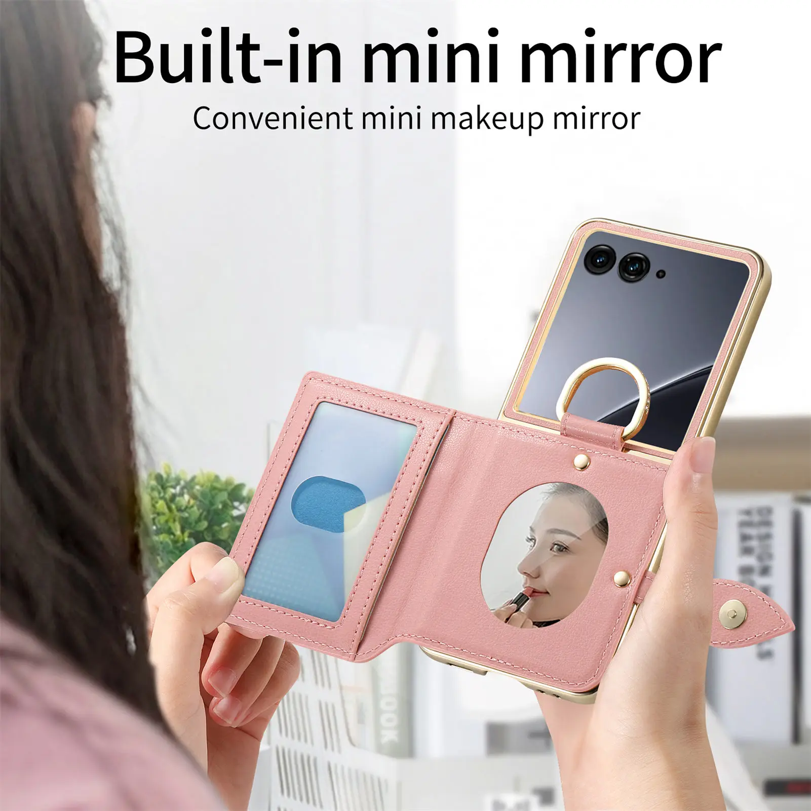 Luxury Zipper Leaf Magnetic Ring Holder Mirror Cards Solt Leather Phone case For Motorola Razr 60 50 Ultra Shockproof Cover