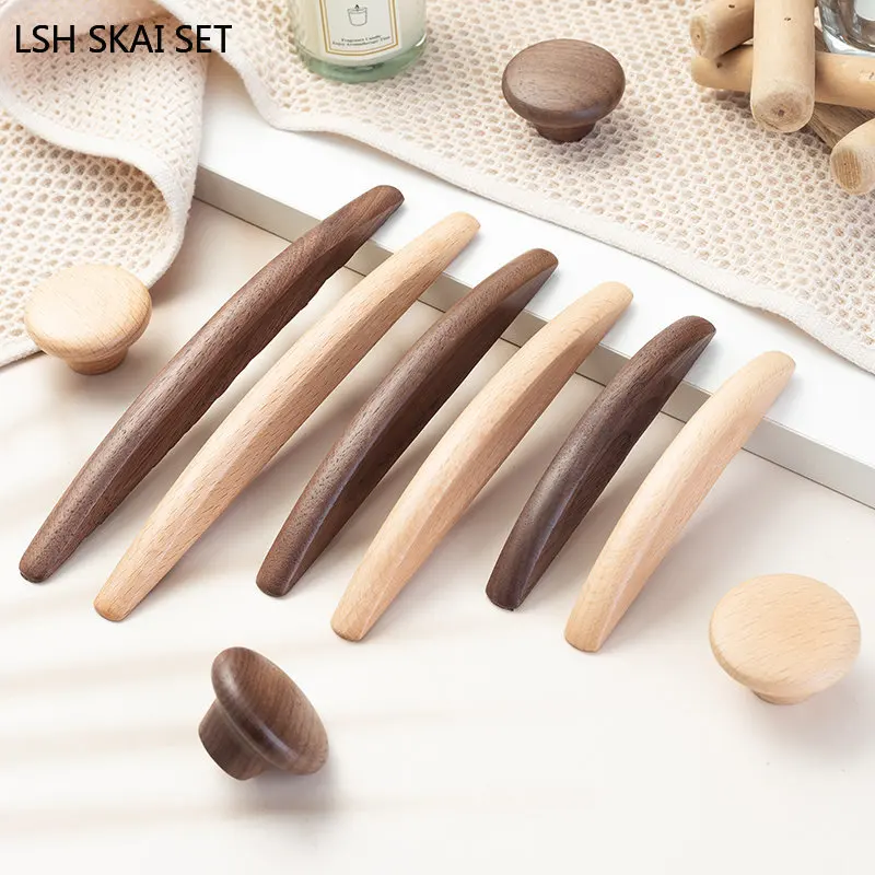 1PC Solid Wood Cabinets Door Handles with Screw Cupboard Pulls Wardrobe Drawer Knobs Furniture Hardware Kitchen Accessories