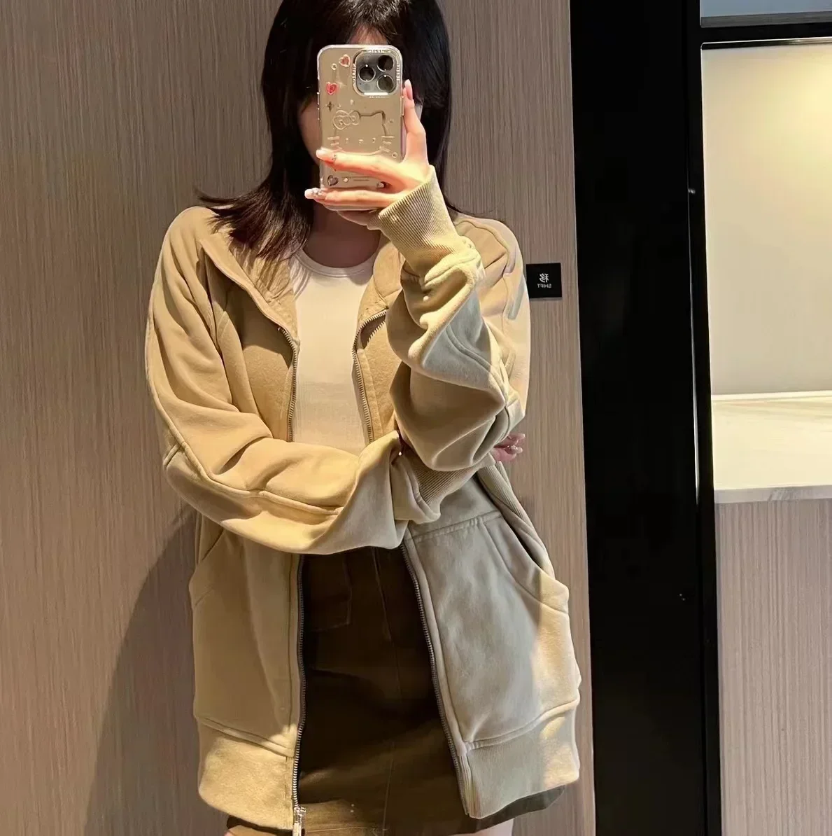 Embroidered Scuba Oversized Long Full -Zip Hoodie Warmth Running Jacket Without Fleece Sport Casual Waist Length Sweatshirt