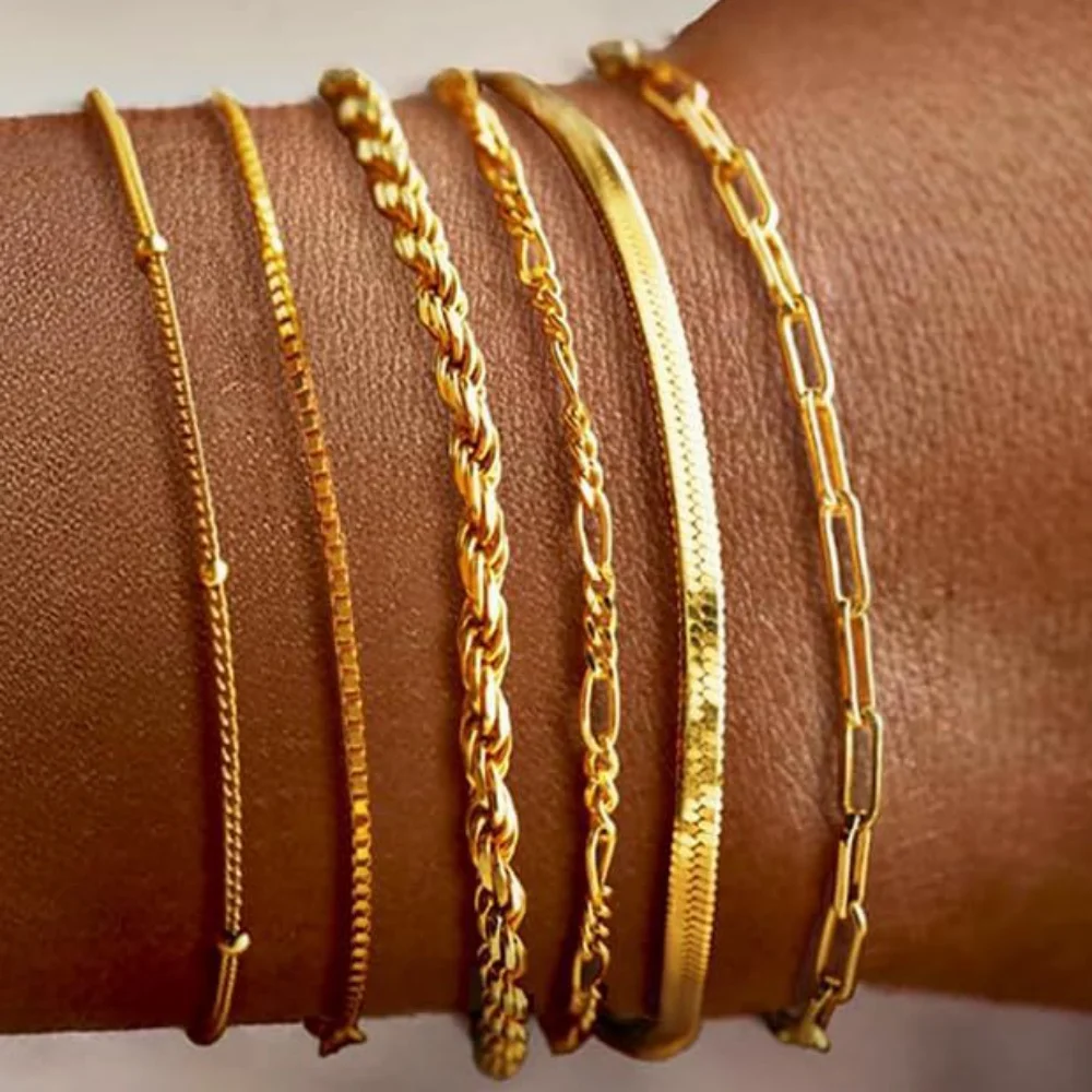 MEDFOLY 6Pcs Gold Bracelets Set for Women14K Real Gold Waterproof Thin Dainty Stackable Cuban Link Chain Fashion Jewelry Gifts 9