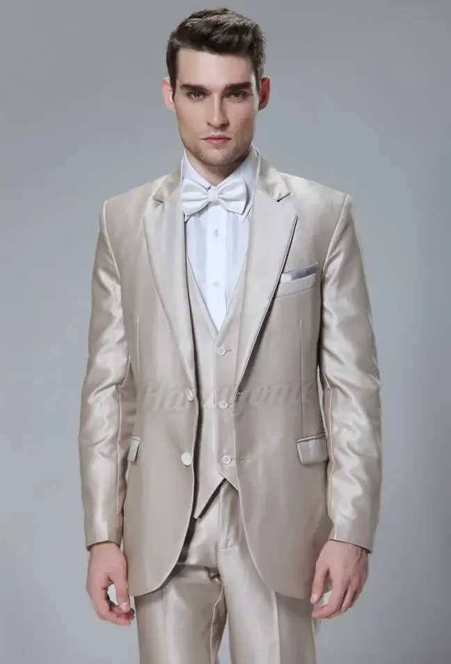 

Beige Champagne Satin Men Suit Wedding Suit For Men Slim Fit 3 Piece Tuxedo Italian Custom Groom Prom Blazer Set Terno Masuclino